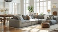 Sunny modern living room with comfortable furnishings and urban view Royalty Free Stock Photo