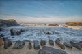 Looking over the sea wall, Hartland Quay, Devon. Long exposure. Royalty Free Stock Photo