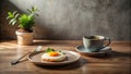 A sunny morning breakfast scene featuring a fried egg, a cup of coffee, and a small plant. Generative AI Royalty Free Stock Photo