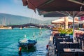 Sunny morning cityscape of Lefkada town, capital of Lefkada island, Greece, Europe. Picturesque summer seascape of Ionian Sea. Tra