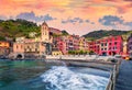 Sunny morning cityscape of Vernazza port with Santa Margherita di Antiochia Church. Colorful summer scene of Liguria, Cinque Terre Royalty Free Stock Photo