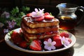 Sunny morning, golden waffles with strawberries and whipped cream in rustic garden., generative IA