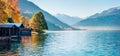 Sunny morning panorama of Zell lake. Picturesque autumn view of Austrian Alps, with Grossglockner peak on background. Beauty of