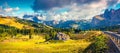 Sunny morning scene in the Val Gardena valley. Royalty Free Stock Photo