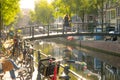 Sunny Morning on the Small Amsterdam Canal Royalty Free Stock Photo