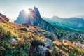 Sunny morning view of Furchetta peak. Stunning summer scene of Funes Valley. Picturesque landscape in Puez Odle National Park, Dol Royalty Free Stock Photo