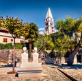 Sunny morning view near Saint Martin`s church. Picturesque spring cityscape of small town in Istria, Croatia -  Vrsar Orsera. Royalty Free Stock Photo