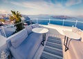 Sunny morning view of Santorini island. Picturesque spring scene of the famous Greek resort Fira, Greece, Europe. Royalty Free Stock Photo