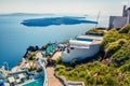 Sunny morning view of Santorini island. Picturesque spring scene of the  famous Greek resort Fira, Greece, Europe. Traveling Royalty Free Stock Photo