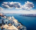 Sunny morning view of Santorini island. Picturesque spring scene of the  famous Greek resort - Fira, Greece, Europe. Traveling Royalty Free Stock Photo