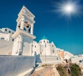 Sunny morning view of Santorini island. Picturesque spring scene of the  famous Greek resort - Fira, Greece, Europe. Traveling Royalty Free Stock Photo