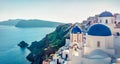 Sunny morning view of Santorini island. Picturesque spring scene of the  famous Greek resort Fira, Greece, Europe. Traveling Royalty Free Stock Photo