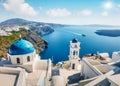Sunny morning view of Santorini island. Picturesque spring scene of the  famous Greek resort Fira, Greece, Europe. Traveling Royalty Free Stock Photo