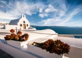 Sunny morning view of Santorini island. Picturesque spring scene of the  famous Greek resort Thira, Greece, Europe. Royalty Free Stock Photo