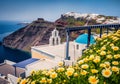 Sunny morning view of Santorini island. Picturesque spring scene of the famous Greek resort Thira, Greece, Europe. Royalty Free Stock Photo