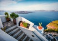 Sunny morning view of Santorini island. Picturesque spring scene of the famous Greek resort Thira, Greece, Europe. Royalty Free Stock Photo