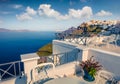 Sunny morning view of Santorini island. Picturesque spring scene of the famous Greek resort Thira, Greece, Europe. Traveling Royalty Free Stock Photo