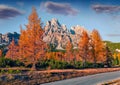 Sunny morning view of Tre Croci Cortina Pass. Great autumn landscape of Dolomite Alps.