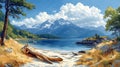 Sunny mountain lake beach scene, driftwood, summer Royalty Free Stock Photo