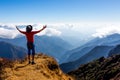 Sunny Mountains cloud Horizon and Hiker with Arms raised spread