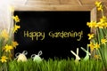 Sunny Narcissus, Easter Egg, Bunny, Text Happy Gardening Royalty Free Stock Photo