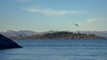 Sunny norwegian fjord landscape with small island with trees