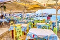 Sunny Open Air Restaurant in Chania City on Crete. Decorated wirh Classic Greek Blue and White Colors