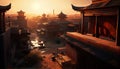 Sunny Oriental City Antique Cityscape At Golden Hour - Generative AI