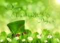 Sunny Patricks Day background with hat of leprechaun and clover