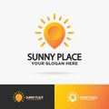 Sunny place logo set colorful style consisting of pin and summer sun for travel company Royalty Free Stock Photo