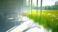Sunny porch, white chairs, field view, summer Royalty Free Stock Photo