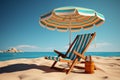Sunny relaxation Beach chair, umbrella on sand, blue sky backdrop Royalty Free Stock Photo