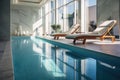 Sunny relaxation pool room at modern health spa, created using generative ai technology Royalty Free Stock Photo