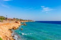 Sunny resort beach with palm tree at the coast shore of Red Sea in Sharm el Sheikh, Sinai, Egypt, Asia in summer hot. Bright sunny Royalty Free Stock Photo