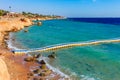 Sunny resort beach with palm tree at the coast shore of Red Sea in Sharm el Sheikh, Sinai, Egypt, Asia in summer hot. Bright sunny Royalty Free Stock Photo