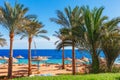 Sunny resort beach with palm tree at the coast shore of Red Sea in Sharm el Sheikh, Sinai, Egypt, Asia in summer hot. Bright sunny Royalty Free Stock Photo