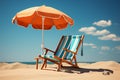 Sunny retreat Beach chair and umbrella against blue sky backdrop Royalty Free Stock Photo
