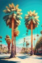 Sunny road with palm trees and cars over mountains landscape, created using generative ai technology