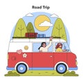 Sunny Road Trip Adventure. Flat vector illustration.