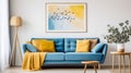Sunny room with blue sofa, lamp, painting and houseplant Royalty Free Stock Photo