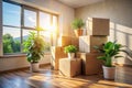Sunny room with moving boxes and lush green plants highlighting new beginnings Royalty Free Stock Photo