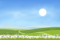 Sunny rural landscape of spring field with hills and blue sky and fluffy clous. Summer countryside with green mountains, meadows,