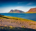 Sunny sammer scene of Icelandic fjords.