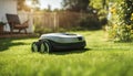 Sunny scene featuring a robotic lawn mower in .