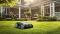 Sunny scene featuring a robotic lawn mower in .