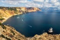 Sunny scenic blue sky landscape of rocky Black Sea coast viewed from Fiolent Cape in Sevastopol, Crimea, Royalty Free Stock Photo