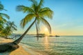 Sunny seascape with tropical palms on beautiful sandy beach in Phu Quoc island, Vietnam