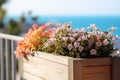 Sunny Seaside Bloom Box: A sun-kissed balcony tableau unfolds with a wooden crate filled with the vibrancy of spring