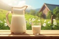 Sunny setting Milk in a glass jug on a wooden table