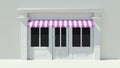 Sunny Shopfront with large windows White store facade with purple pink and white awnings Royalty Free Stock Photo